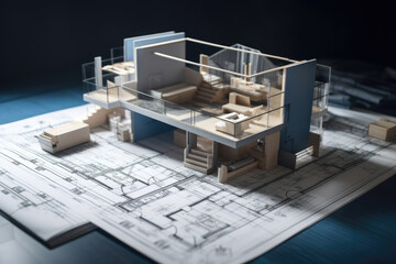 Fototapeta na wymiar Building project plan blueprint of a modern house. Generative AI
