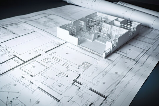 Building project plan blueprint of a modern house. Generative AI