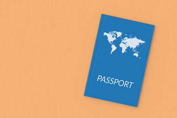 Passport on orange background. Travel concept. Summer vacation. Worldwide journey. Copy space. Top view. 3d render