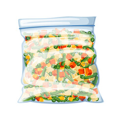 Frozen vegetable mix in plastic bag vector illustration. Cartoon isolated mixed green peas, beans and carrots cut into pieces, corn in transparent polyethylene package, chopped food ingredients
