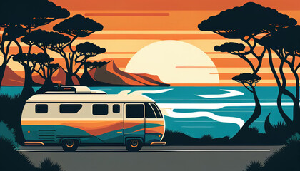 Retro van driving along the ocean, in bold colors and strong lines by Generative AI