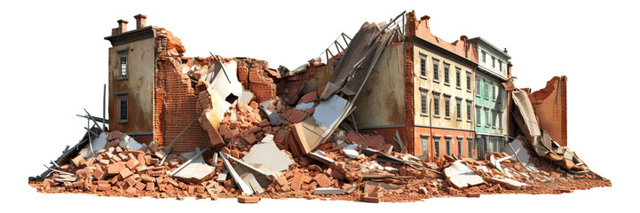 Fototapeta premium Destroyed buildings after earthquake isolated on transparent background - Generative AI