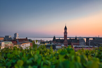 Cityscape with town hall in central Helsingborg, Sweden. Selective focus.