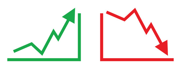 Graph going Up and Down sign with green and red arrows vector. Flat design vector illustration concept of sales bar chart symbol icon with arrow moving down and sales bar chart with arrow moving up.