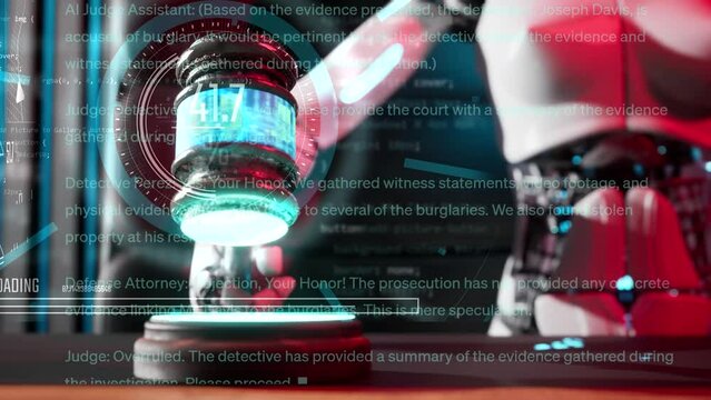 3d render animation of robot hand with hammer of justice and interface graphic with text from court room process