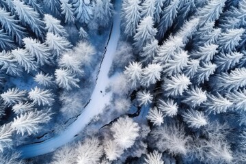 Forest in snow. Snowy forest road. Forest road from above Generative AI