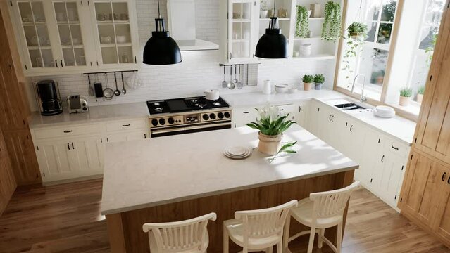 The interior of a large U-shaped kitchen with a wooden front and a large island
