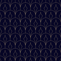 Luxury art deco seamless pattern. Golden vector geometric linear texture with thin curved lines, peacock pattern, grid, lattice ornament. Elegant black and gold abstract background. Repeat geo design