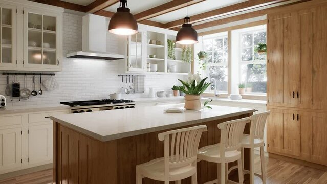 The interior of a large U-shaped kitchen with a wooden front and a large island