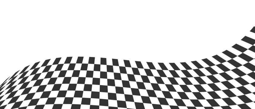 Waving race flag or checcboard background. Warped black and white squares pattern. Motocross, rally, sport car competition wallpaper with copyspace. Checkered winding texture
