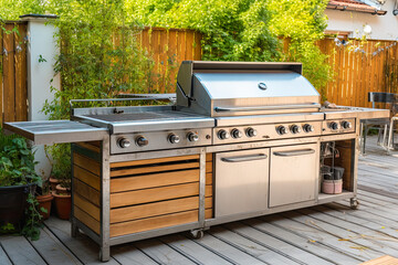 Large gas grill on wooden garden patio