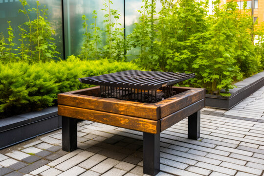 Large grill on wooden garden patio