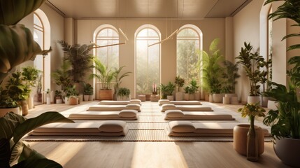 A calming yoga studio with eco-friendly mats and plants. Generative ai