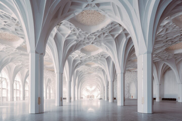 Islamic architecture interior, white, mosque, palace. Generative AI