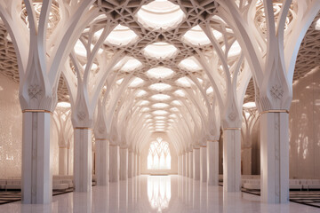 Islamic architecture interior, white, tessellation, pillars, columns, mosque, palace. Generative AI