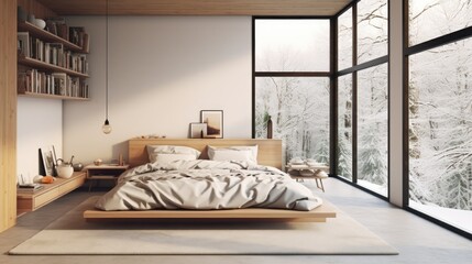 A minimalist bedroom with a platform bed, soft linens, and a large window. Generative ai