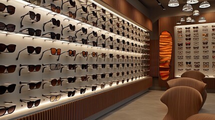 A modern and stylish eyewear store with a wide selection of fashionable glasses and sunglasses on display. Generative ai
