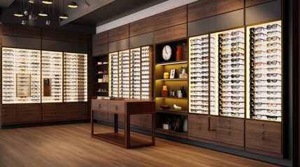 A modern and stylish eyewear store with a wide selection of fashionable glasses and sunglasses on display. Generative ai