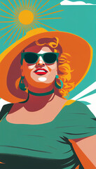 Obraz na płótnie Canvas Summer beach lady in cute bold fun illustration style, bright colors, high contrast cheerful style; plus size white woman looking cool and fashionable in sunglasses (generative AI, AI)
