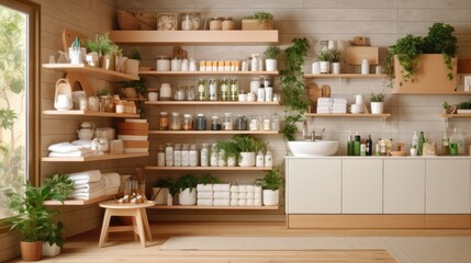 A modern kitchen filled with healthy, organic, and eco-friendly household and baby care products on open shelves. Generative ai