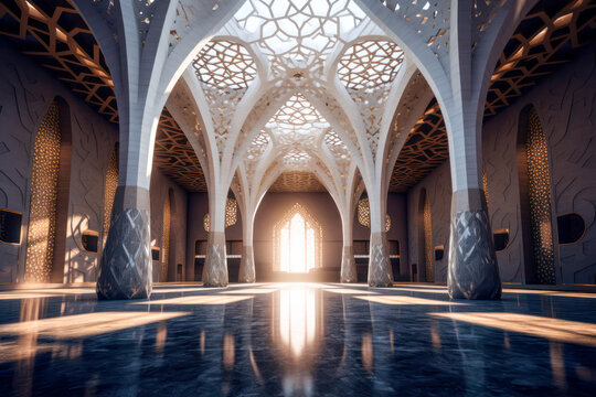 Islamic architecture interior, tessellation, pillars, columns, mosque, palace. Generative AI