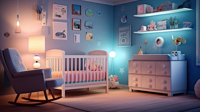 A modern baby nursery with an array of electronic gadgets, such as a baby monitor, night light, and white noise machine. Generative ai