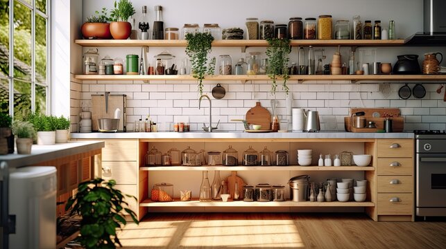 A modern kitchen filled with healthy, organic, and eco-friendly household and baby care products on open shelves. Generative ai