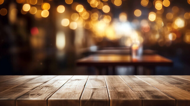 image of wooden table in front of abstract blurred background of restaurant lights. AI Generative