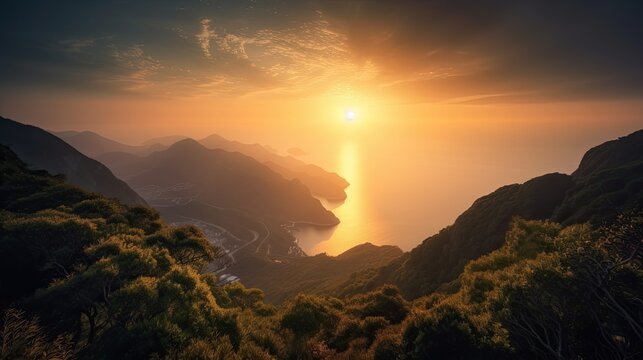 Spectacular Sight: A Sunrise or Sunset Over Mountains and Sea: Generative AI
