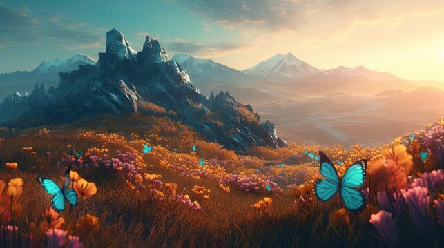 The Beauty of Fantasy: Glowing Fairies, Colorful Butterflies, & a Natural Alpine Scene in 3D: Generative AI
