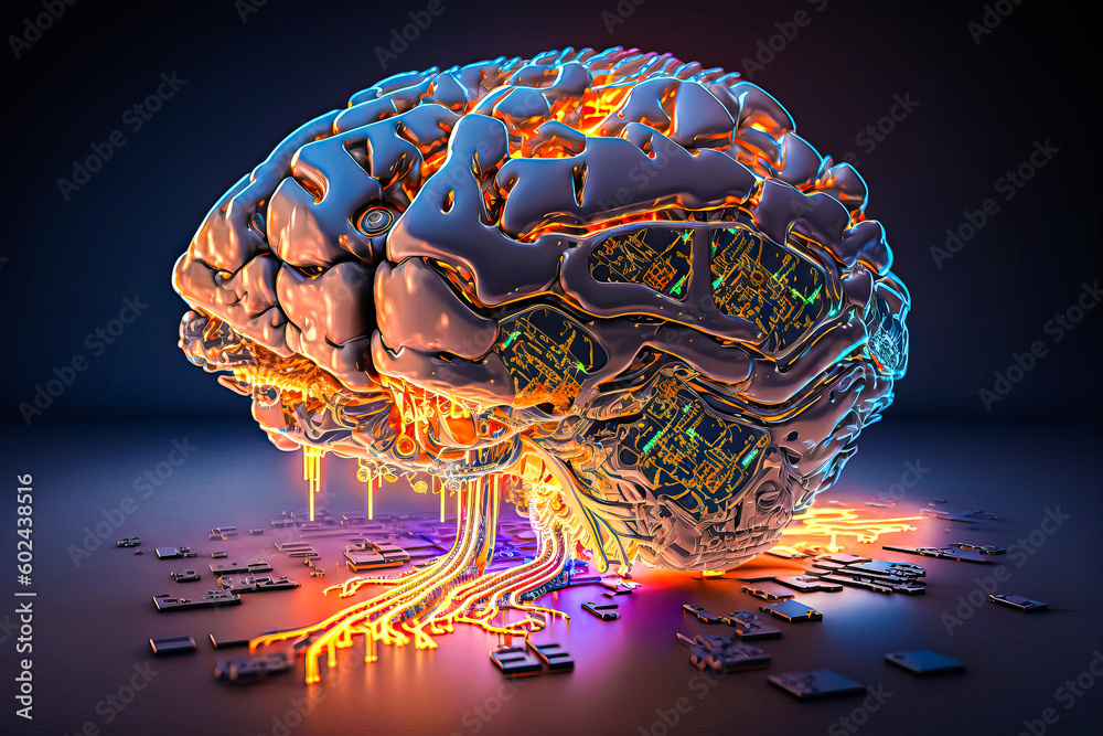 Poster ai chipset with human brain on computer circuit board. artificial intelligence, data mining, and dee