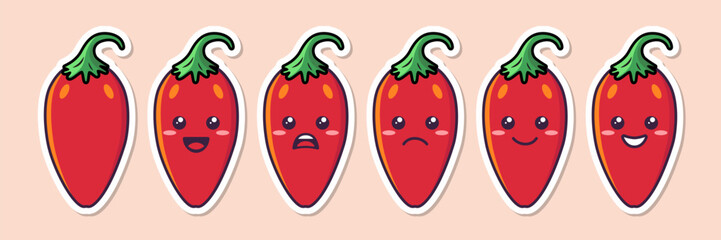 Vector Cartoon Cute and Funny Red Hot Chili Pepper Icon Set. Kawaii Style. Fresh Chili Hot Pepper with Different Emotions. Design Template for Culinary Products and Recipes. Vector Illustration
