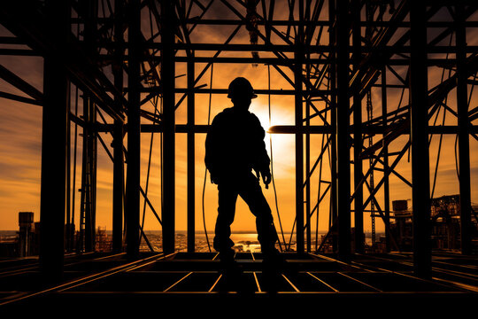 Worker builder standing at construction site, only silhouette visible against orange sunset sky. Generative AI