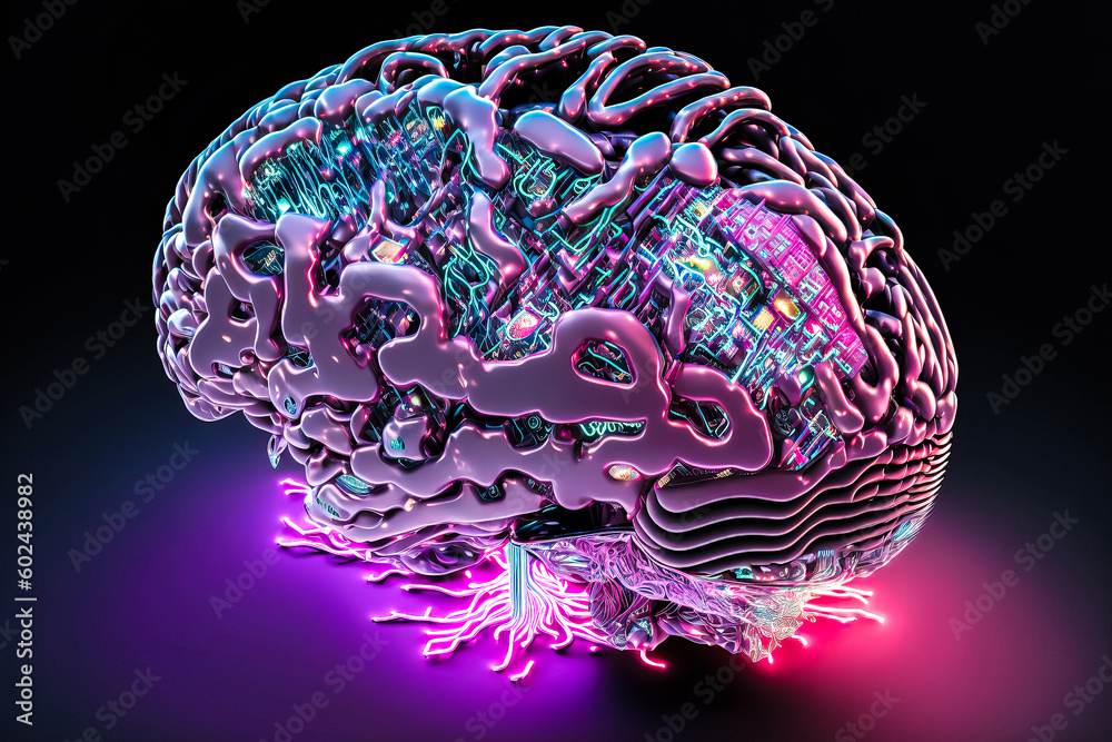 Poster ai chipset with human brain on computer circuit board. artificial intelligence, data mining, and dee