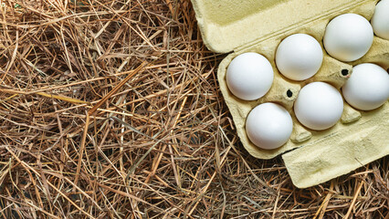 Chicken eggs in a paper tray in a chicken coop top view. Natural organic eggs in hay. Fresh chicken...
