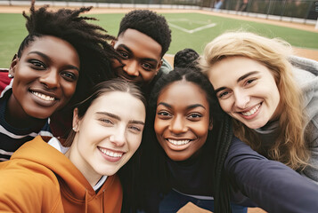 Happy diverse friends taking selfie on smartphone on sports ground, generative ai