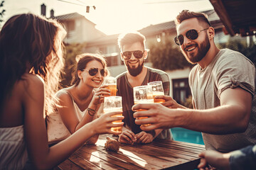 Friends enjoying beer at barbecue, generative ai