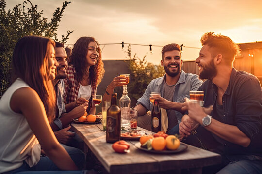Friends enjoying a barbecue in the sunset, generative ai - Powered by Adobe