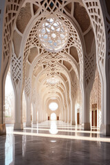 Islamic architecture interior, tessellation, pillars, columns, mosque, palace. Generative AI