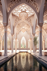 Islamic architecture interior, tessellation, pillars, columns, mosque, palace. Generative AI