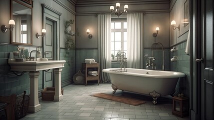 Naklejka na ściany i meble Bathroom - A room in a house where a person can bath. AI generated