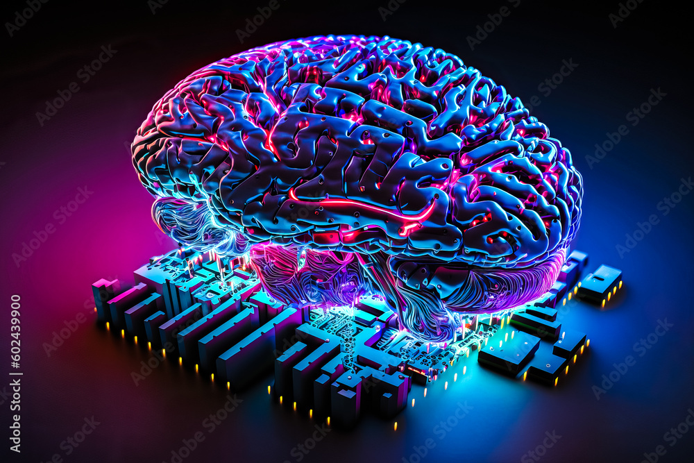 Poster ai chipset with human brain on computer circuit board. artificial intelligence, data mining, and dee