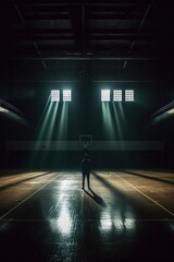 Dark basketball hall, a man standing in the middle. Generative AI.