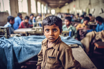 Small Indian boy portrait with blurred textile factory background, Illegal child labour in sweatshop manufacturing concept, documentary style. Generative AI