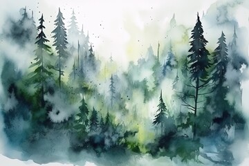 A watercolor painting of a misty forest. Generative AI.