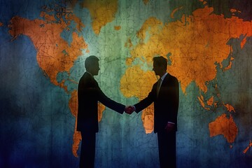 Businesspeople shaking hands with a background of world map. Generative AI.