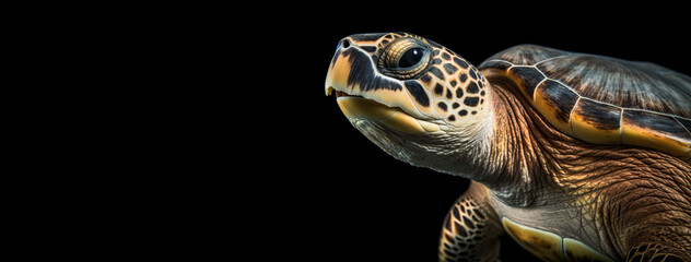 Sea Turtle, Eyes of the Ocean. Stunning Close-Up Shots of Sea Turtle's Head and Expressive Eyes Against a Black Background.  Generative AI. 