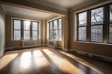 Obraz premium Empty studio apartment in morningside heights with daylight coming in the windows. Generative AI.