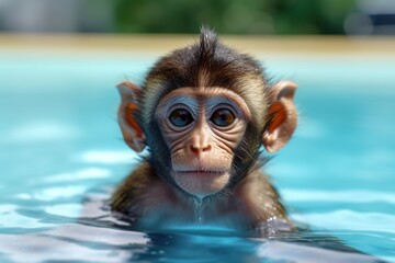 Monkey playing in swimming pool. Generative AI.