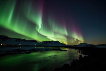 Beautiful landscape with aurora borealis. Generative AI.